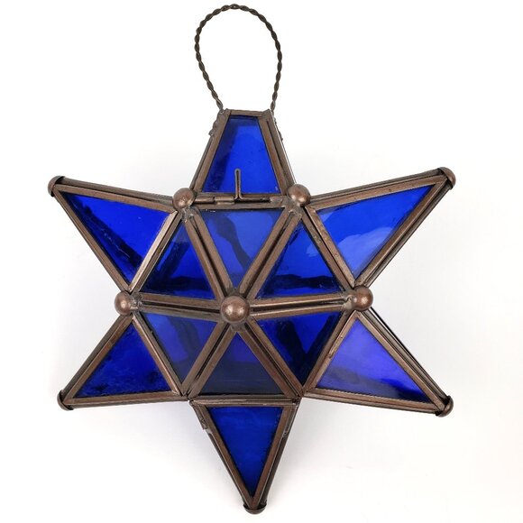 Vintage 3 Dimensional  Stained Glass 6 Points Blue Star Candleholder - Picture 2 of 6